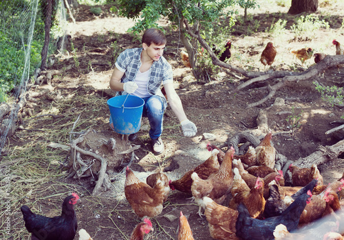 man farmer strewing bird forage on country yard with chickens