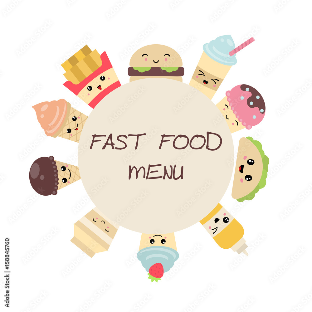 Fototapeta premium Background with cute fast food meals