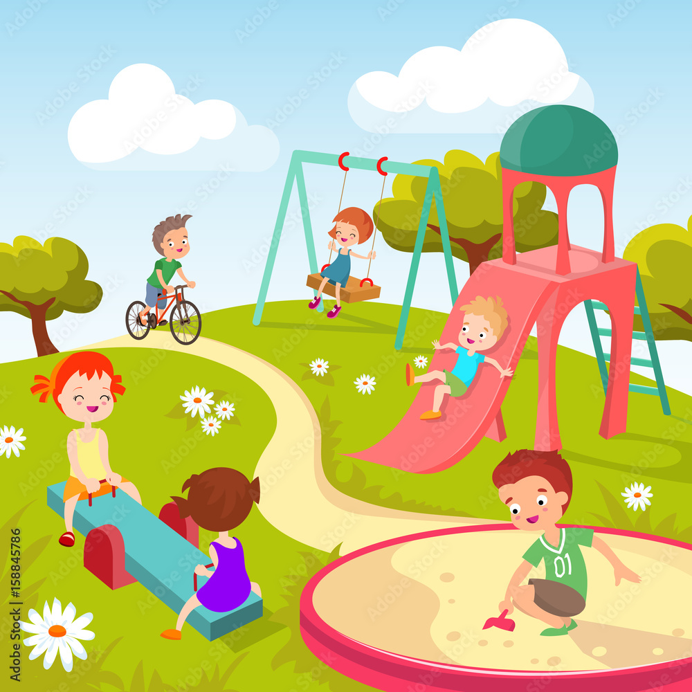 Cute Children At Playground Happy Children Playing In Summer Park