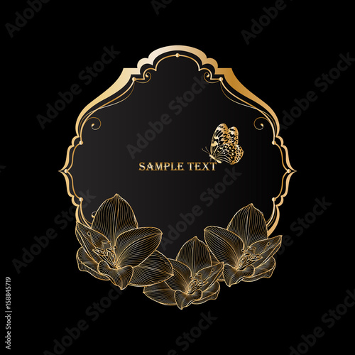 Beautiful golden vintage floral frame with flower amaryllis and butterfly