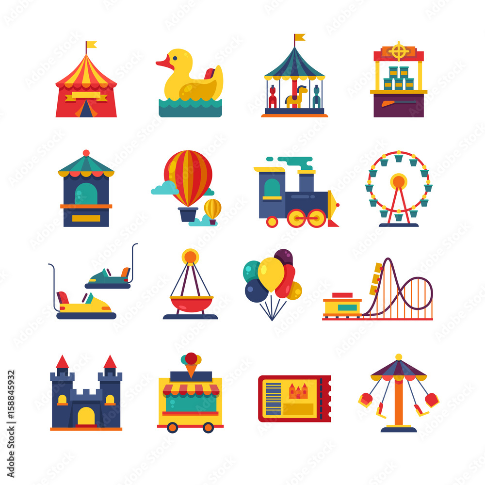 Naklejka premium Fairground games and amusement park flat vector icons
