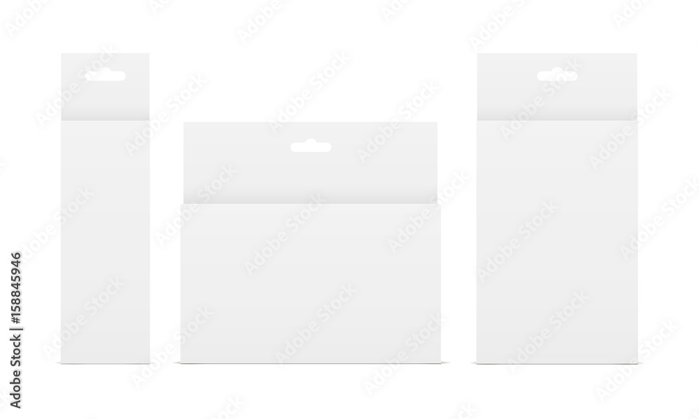 Set of white paper boxes with hang tabs - front view. Showcase your design ideas on this mockups. Vector illustartion Set of white paper boxes with hang tabs - front view. Showcase your design ideas on this mockups. Vector illustartion