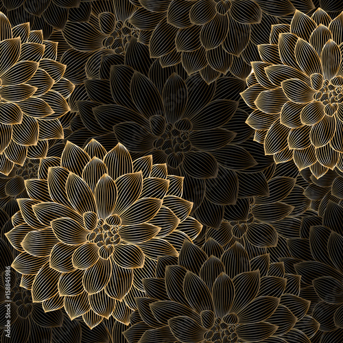 Golden seamless hand-drawing floral background with flower dahlia