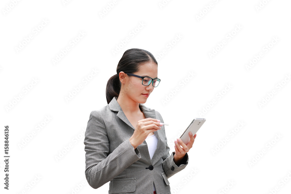 business woman working on a smartphone in her hands isolated on white background. business woman working on a smartphone in her hands isolated on white background.