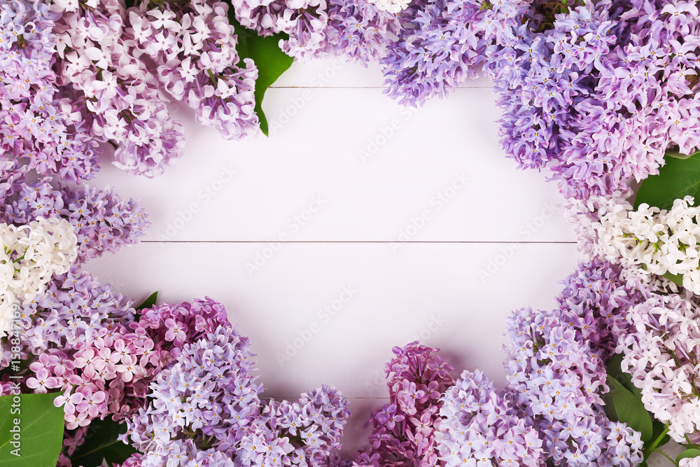 Spring white and violet lilac flowers on white wooden background. Bunch lilac arranged as frame with copyspace. Top view, flat lay. Spring white and violet lilac flowers on white wooden background. Bunch lilac arranged as frame with copyspace. Top view, flat lay.