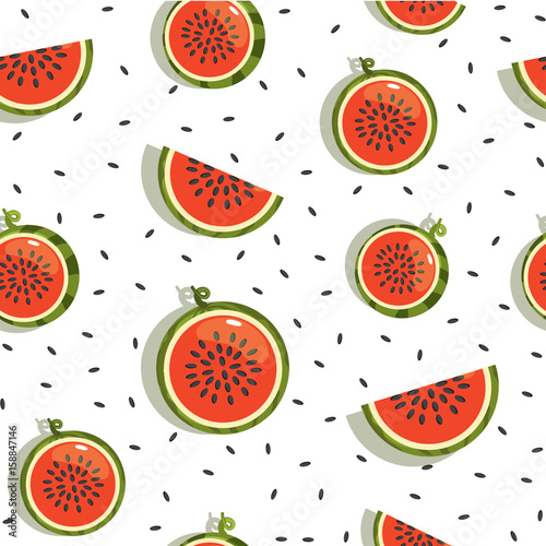 Fototapeta Naklejka Na Ścianę i Meble -  Seamless background, Vector Pattern with cartoon watermelon slices