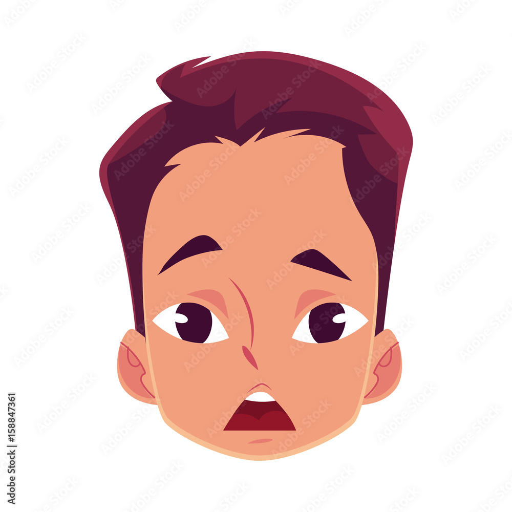 Young man face, surprised facial expression, cartoon vector illustrations isolated on white background. Handsome boy emoji surprised, shocked, amazed, astonished. Surprised face expression Young man face, surprised facial expression, cartoon vector illustrations isolated on white background. Handsome boy emoji surprised, shocked, amazed, astonished. Surprised face expression