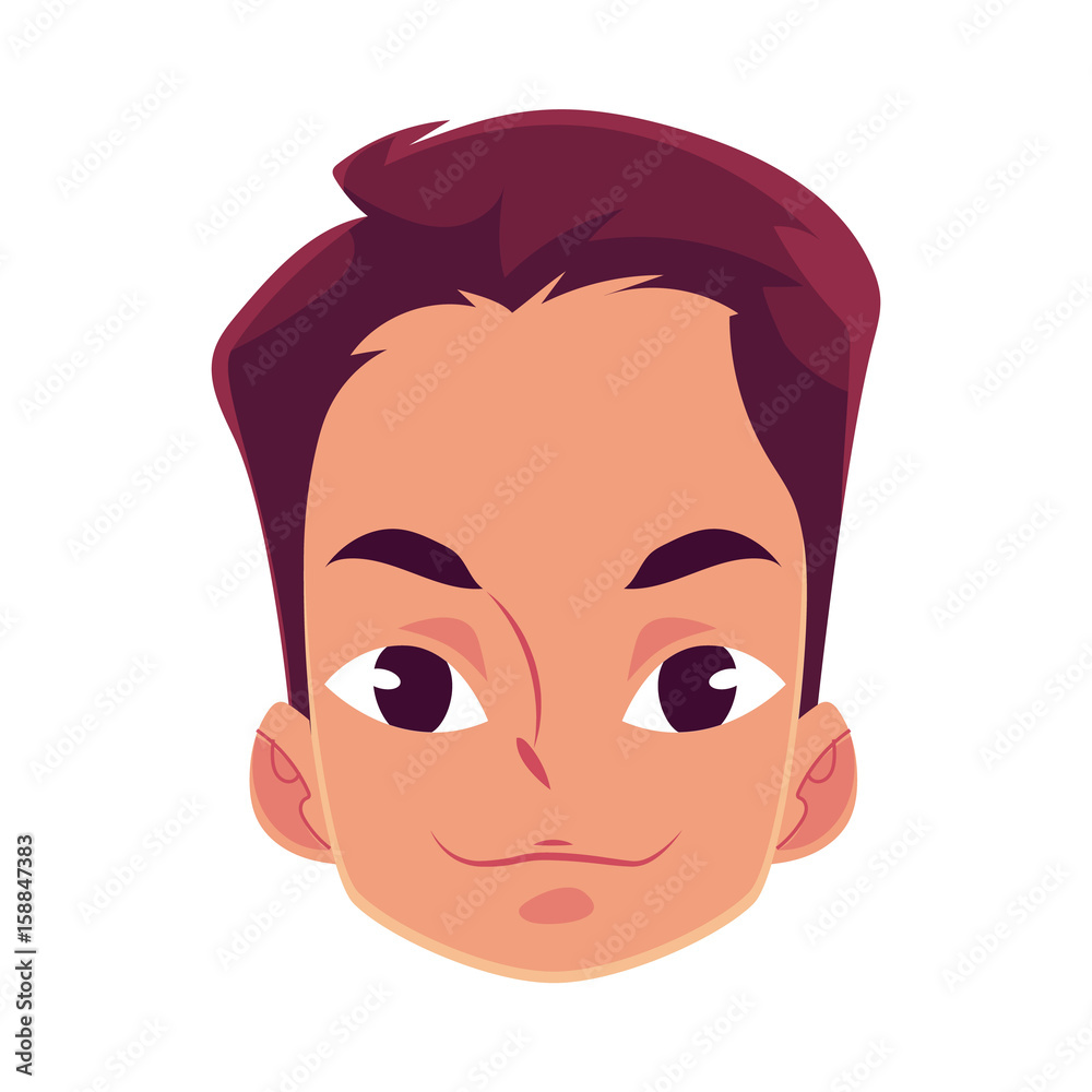 Young man face, neutral facial expression, cartoon vector illustrations isolated on white background. Handsome boy emoji feeling glad, serene, relaxed, delighted. Neutral face expression