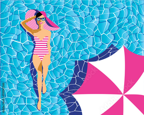 Beautiful young woman tanning in the pool, with sunglasses, hat, retro style. Pop art. Summer holiday. Vector eps10 illustration 