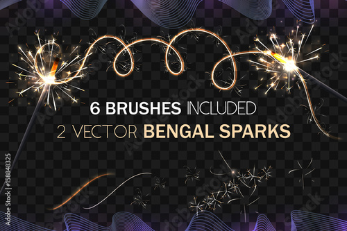 VECTOR eps 10. GLOWING Bengal Sparks. Sparkling bengal fire. Stars, glowing realistic light effects. Shining sparks
