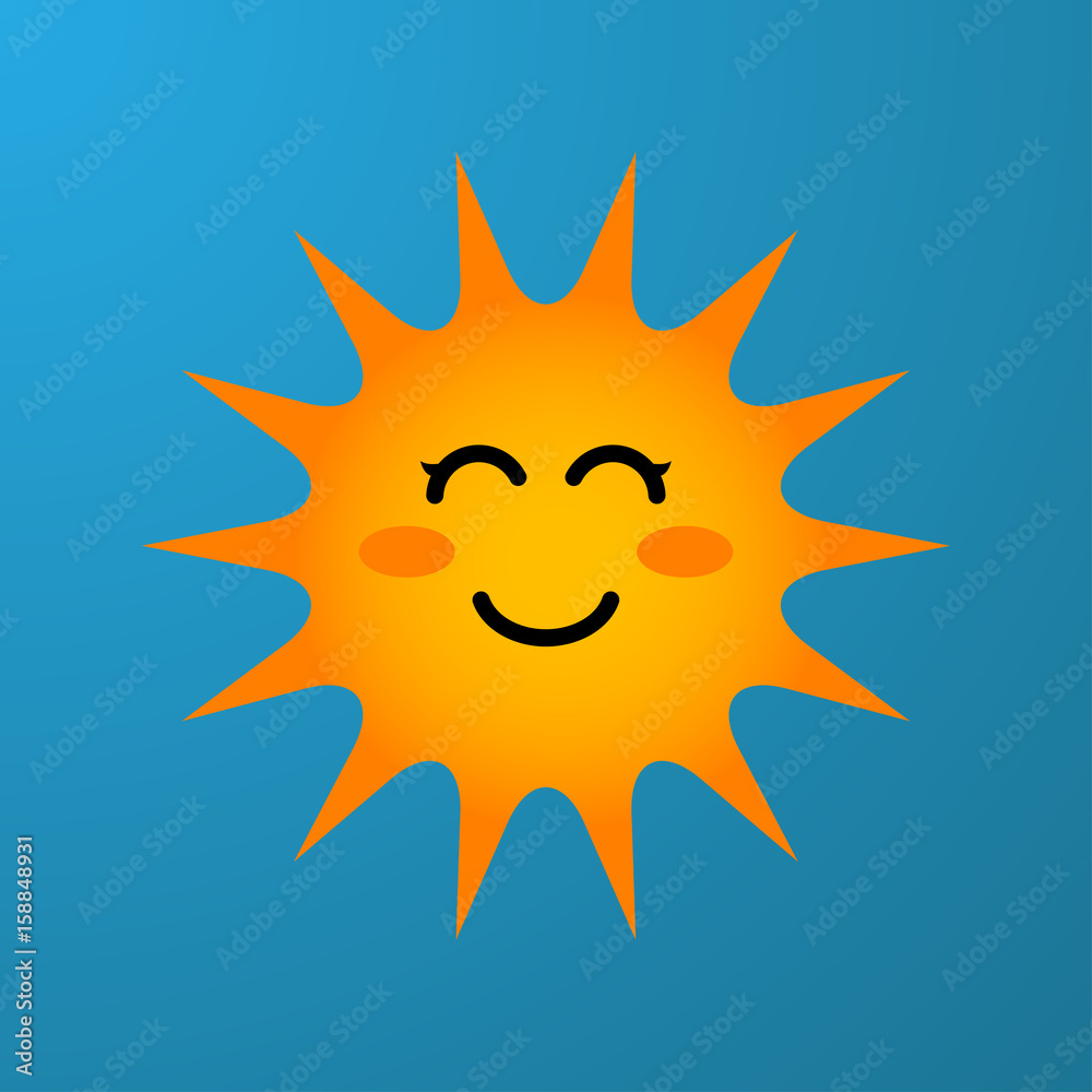 Icono plano sol con sonrisa kawaii en fondo azul