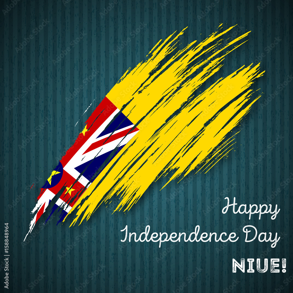 Fototapeta Patriotyczny projekt Niue Independence Day. Ekspresyjny pociągnięcia pędzlem w kolorach flagi narodowej na ciemnym tle paski. Szczęśliwy dzień niepodległości Niue wektor kartkę z życzeniami.