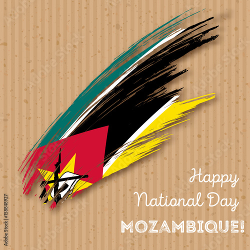 Mozambique Independence Day Patriotic Design. Expressive Brush Stroke in National Flag Colors on kraft paper background. Happy Independence Day Mozambique Vector Greeting Card.
