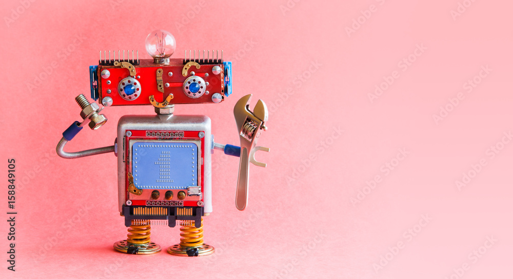 Robot handyman spanner wrench bolt nut in hands. Mechanical cyborg toy, red head, light bulb, monitor body text 1 on blue background. Automation robotic process concept. Pink background, copy space - obrazy, fototapety, plakaty 