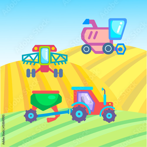 Agricultural machines. Combine harvester, tractor and seeding machines.