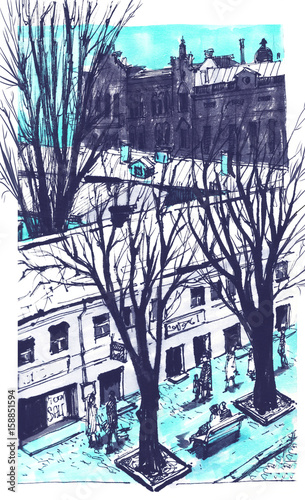 Hand drawn City Sketch for your design. Over view artistic picture of Odessa. Ukraine