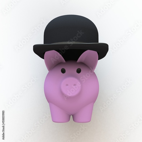 Black hat on pink piggy bank isolated on white background, 3D rendering