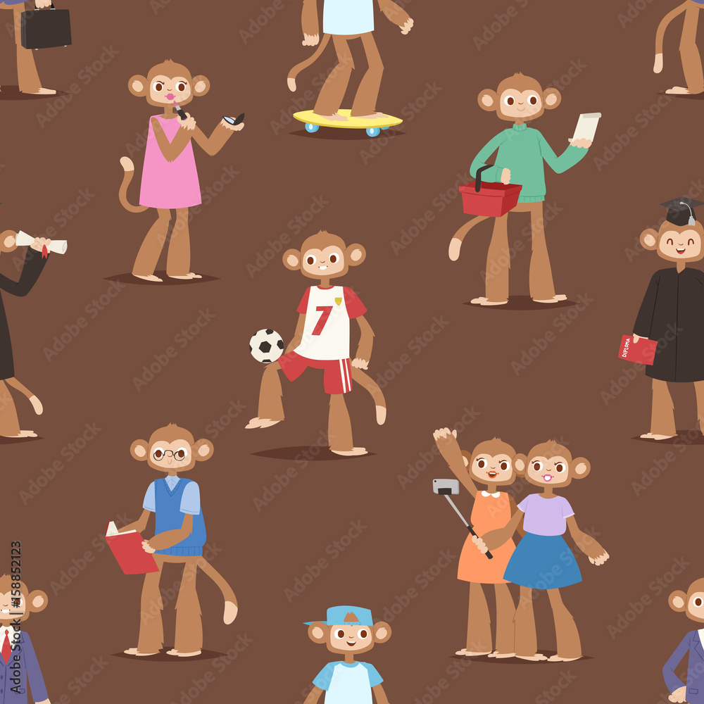 Monkey like people cartoon characters animal ape funny seamless pattern background vector illustration Monkey like people cartoon characters animal ape funny seamless pattern background vector illustration