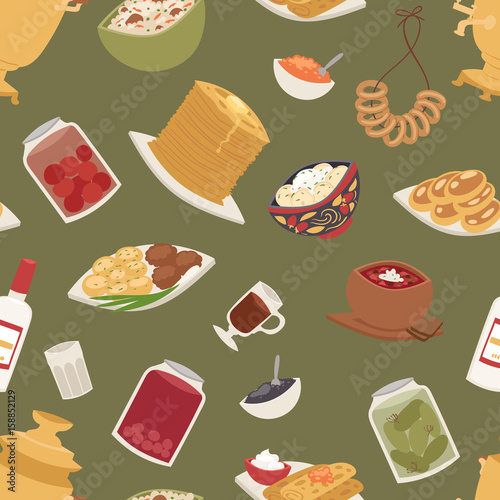 Traditional Russian cuisine culture dish course food seamless pattern background vector illustration