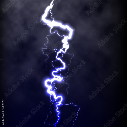 Lightning flash light thunder spark on black background with clouds. Vector spark lightning or electricity blast storm or thunderbolt in sky. Natural phenomenon of human nerve or neural cells system