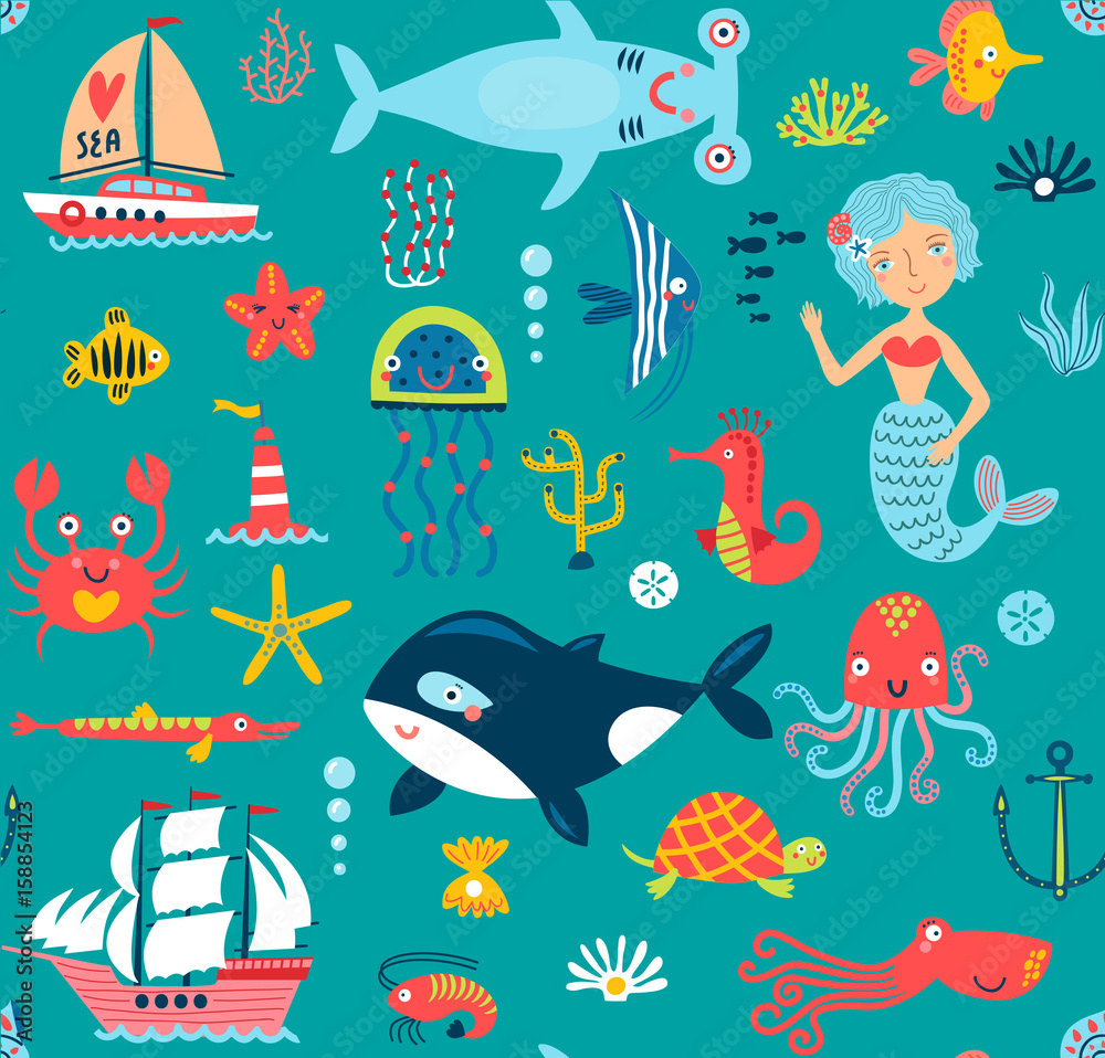 Naklejka premium Sea vector seamless pattern