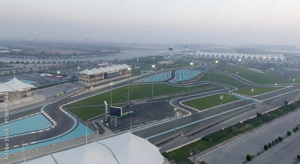 ABU DHABI, UAE - DECEMBER 2016: Ferrari World aerial view. Abu Dhabi attracts 10 million tourists annually