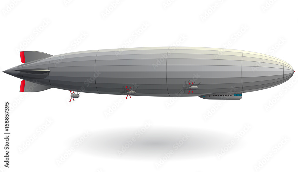 Naklejka premium Legendary huge zeppelin airship filled with hydrogen. Stylized flying balloon. Big dirigible with propellers and rudder. Long zeppelin, white background, rigid airship. Isolated vector illustration.