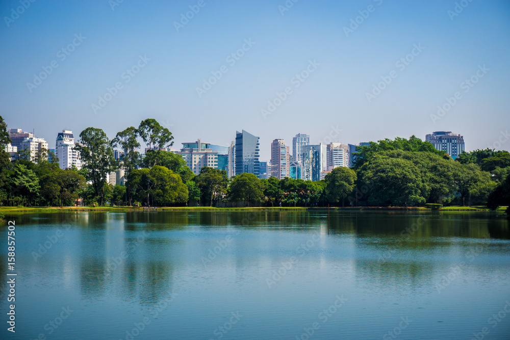 Ibirapuera Park, Sao Paulo, Brazil - Beautiful view of the lake with buildings in the background.