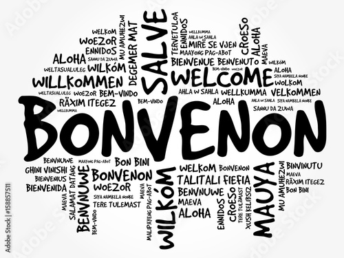 Bonvenon (Welcome in Esperanto) word cloud in different languages, conceptual background