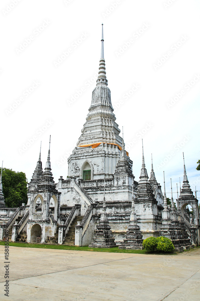 Many White Pagoda in Thai Temple Suphanburi Province, Thailand.