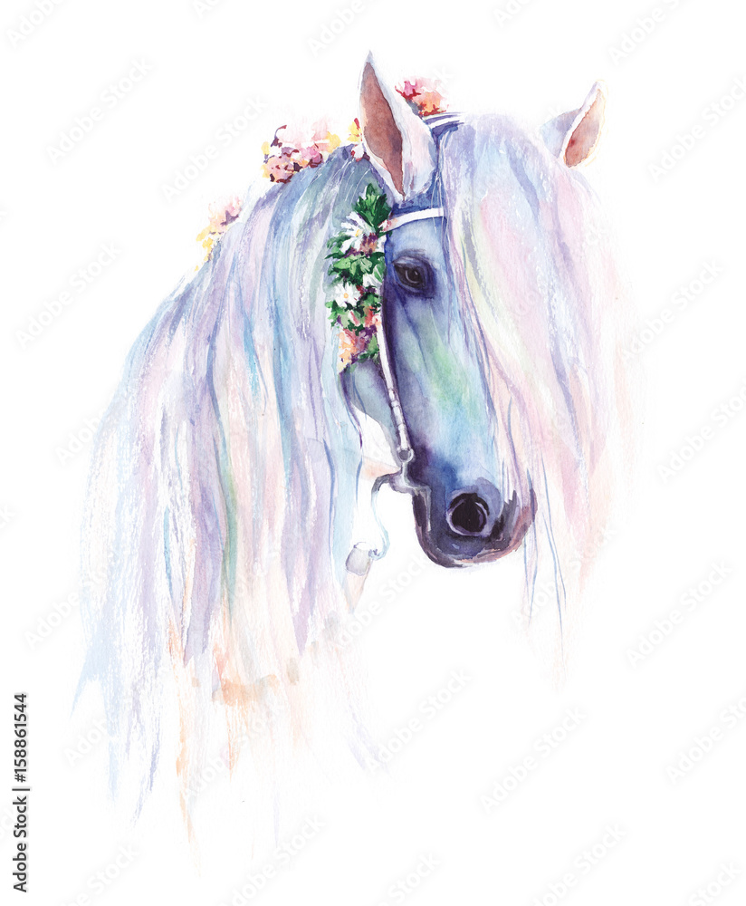 Naklejka Błękitny koń z kwiatami w grzywie. Oryginalny akwarelowy obraz.