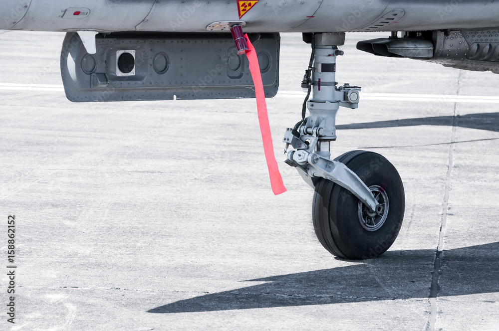 wheel of airplane ,close up of aircraft wheel at the hangar , Plane wheel of jet plane Stock