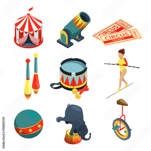 Funny circus illustrations in cartoon style. Lion trainer, clowns juggling balls. Vector pictures set