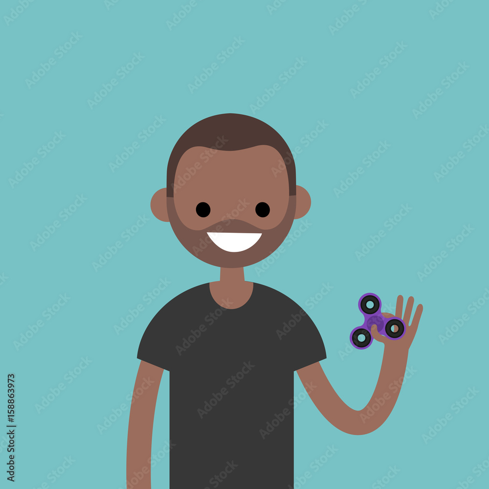 Young black character spinning a hand toy. Stress relieving toy / flat editable vector illustration, clip art Young black character spinning a hand toy. Stress relieving toy / flat editable vector illustration, clip art