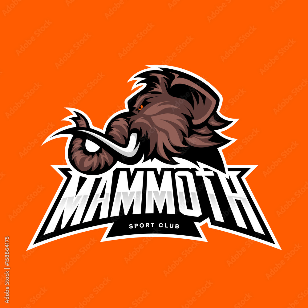 Obraz premium Furious woolly mammoth head sport vector logo concept isolated on orange background. Modern professional mascot team badge design. Premium quality wild animal t-shirt tee print illustration.