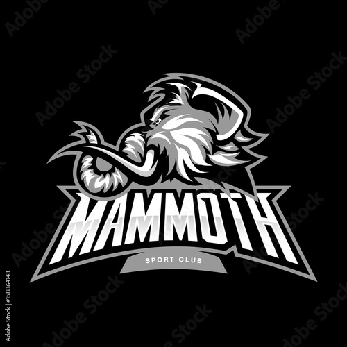 Furious woolly mammoth head sport vector logo concept isolated on black background. Modern professional mascot team badge design.
Premium quality wild animal t-shirt tee print illustration.