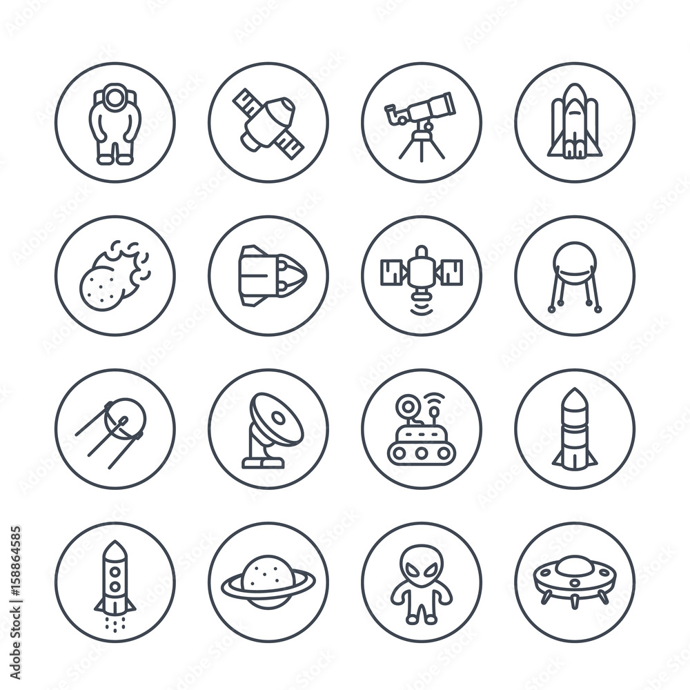 Space and astronomy line icons on white Space and astronomy line icons on white