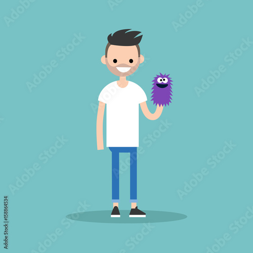 Young character playing with a hand puppet / flat editable vector illustration, clip art