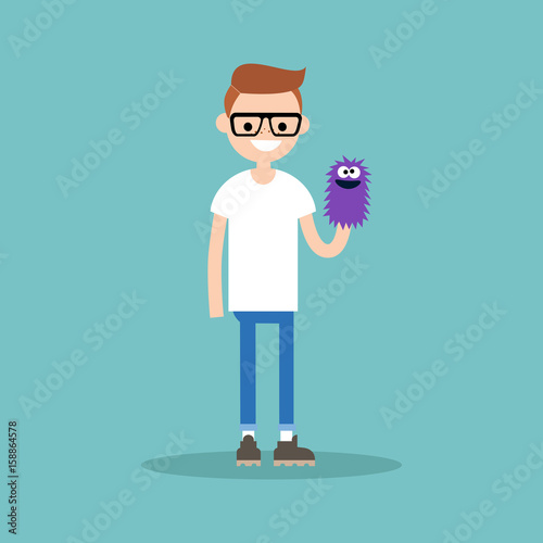 Young character playing with a hand puppet / flat editable vector illustration, clip art