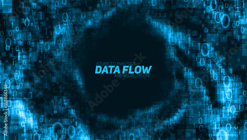 Vector abstract big data visualization. Blue glowing data flow as binary numbers. Computer code representation. Cryptographic analysis, hacking. Bitcoin, blockchain transfer. Pattern of program code