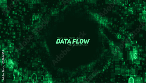 Vector abstract big data visualization. Green glowing data flow as binary numbers. Computer code representation. Cryptographic analysis, hacking. Bitcoin, blockchain transfer. Pattern of program code