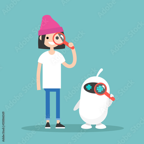 Search conceptual illustration. Characters looking through the magnifying glass / flat editable vector illustration