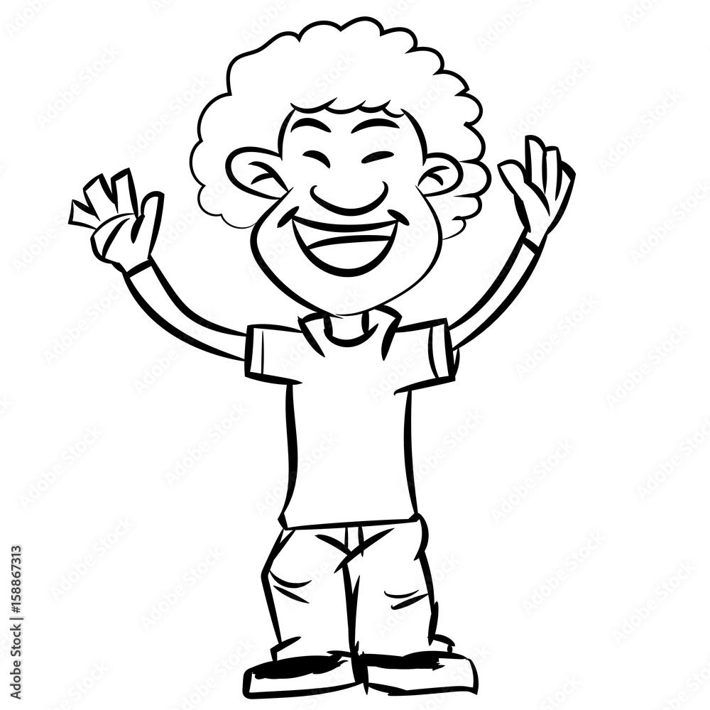 Line drawing a cartoon of smiling afro boy, and-drawn teen make hands up in black and white, Vector illustration. 