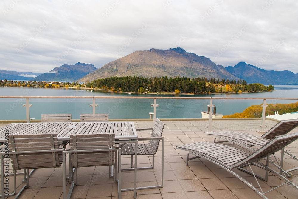 Panorama view of autumn leaves lake and mountains in Queenstown , vacation in south island New Zealand