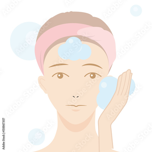 Beautiful Woman washing face, Beautiful young woman pressing temples, Touching her face washing, Skin Care, Relaxation, Young Skin, Facial Treatment.