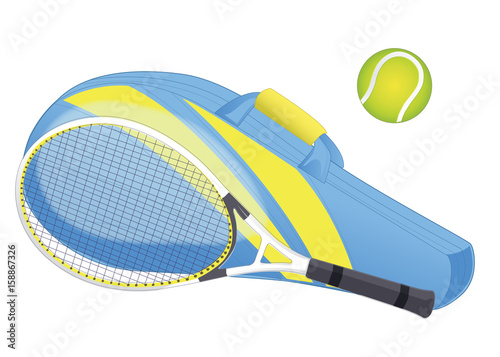 Tennis racket, tennis ball, sport equipment, racket cover. isolated on white.