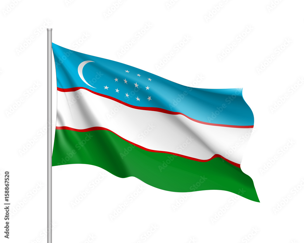 Waving flag of Uzbekistan Republic. Illustration of Asian country flag on flagpole. Vector 3d icon isolated on white background Waving flag of Uzbekistan Republic. Illustration of Asian country flag on flagpole. Vector 3d icon isolated on white background