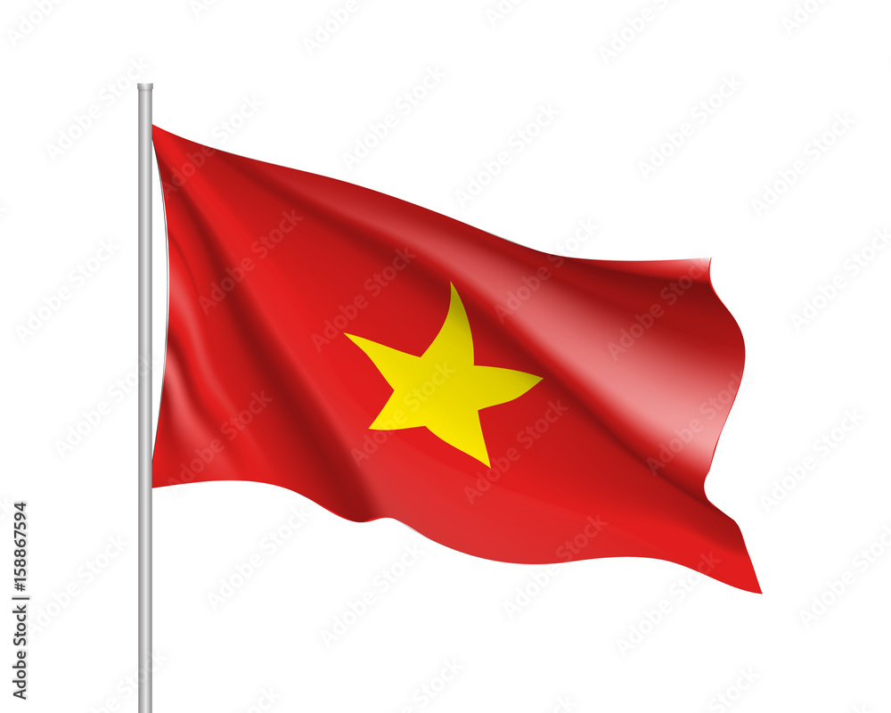 Waving flag of Vietnam. Illustration of Asian country flag on flagpole. Vector 3d icon isolated on white background