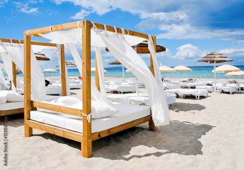 beds in a beach club in Ibiza, Spain