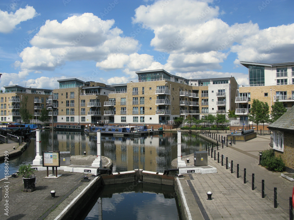London, United Kingdom - June 1, 2017: Water locks in Brentford Marina, River Brent, Greater London, Brentford, England, United Kingdom,